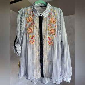 Striped Embroidered Button-Up Blouse